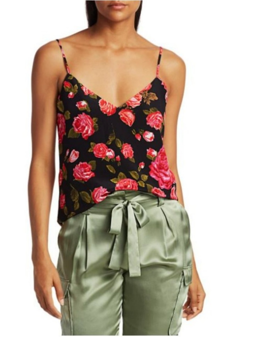L'AGENCE Black Camisole with Pink Rose Print